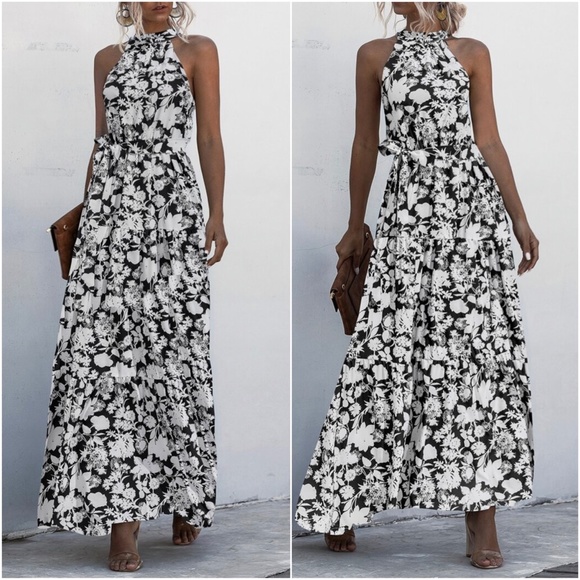 Boho Red White leopard Print Halter Ruffle Maxi Dress - Picture 3 of 13